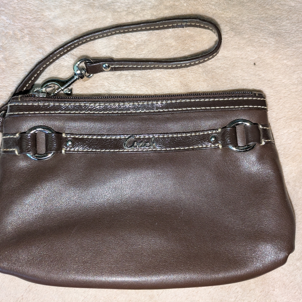 Coach Brown Leather Wristlet Clutch with Silver Accents